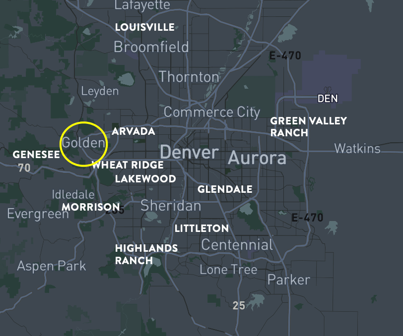 Map of Denver area, highlighting Golden with a yellow circle. Surrounding cities are labeled.