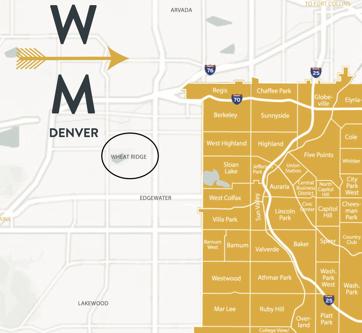 Map of Denver, Colorado highlighting the West Colfax neighborhood. The 