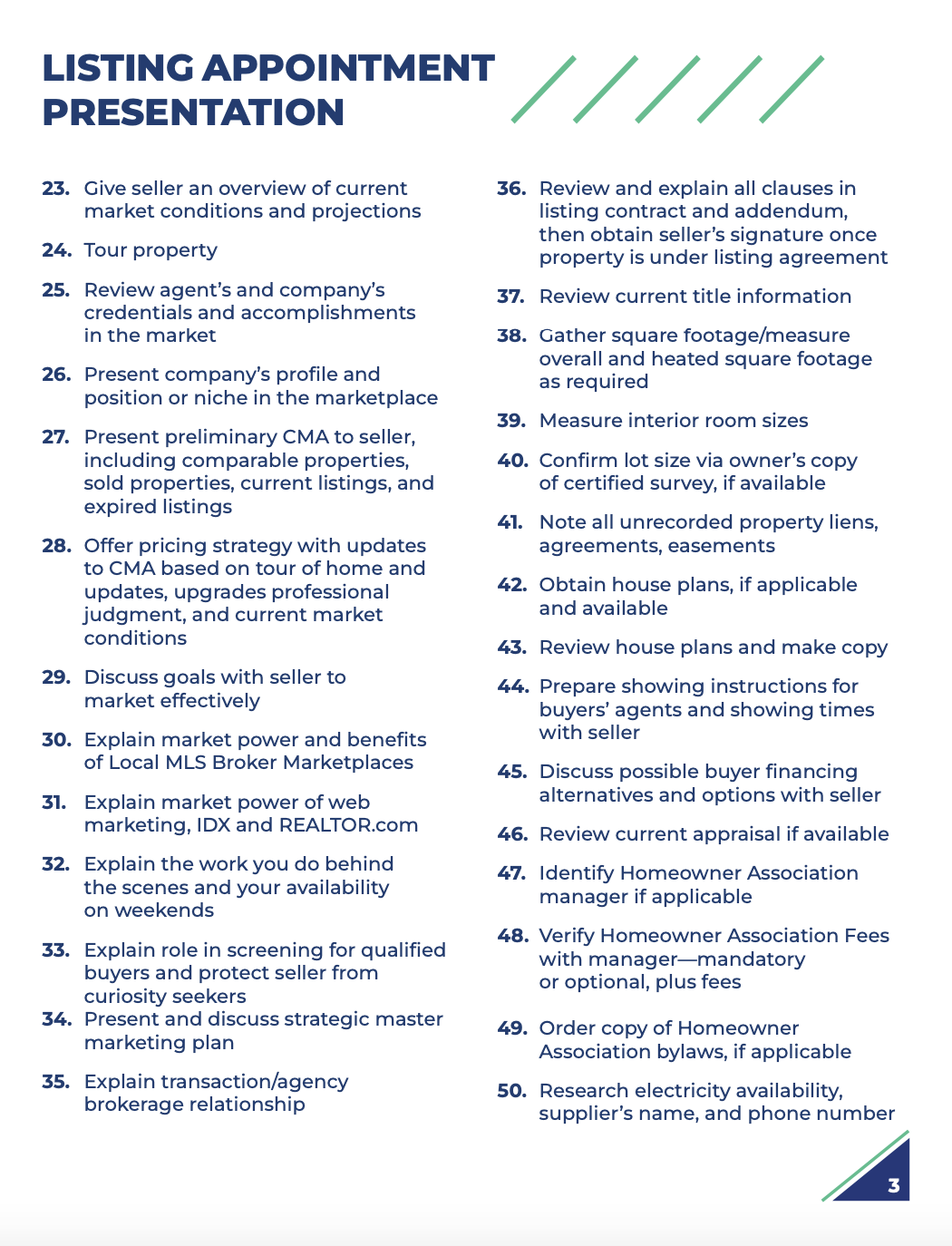 Listing appointment presentation checklist with numbered bullet points.