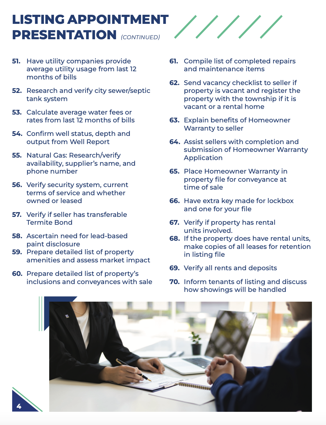 Listing appointment presentation checklist. People reviewing documents in a formal setting.
