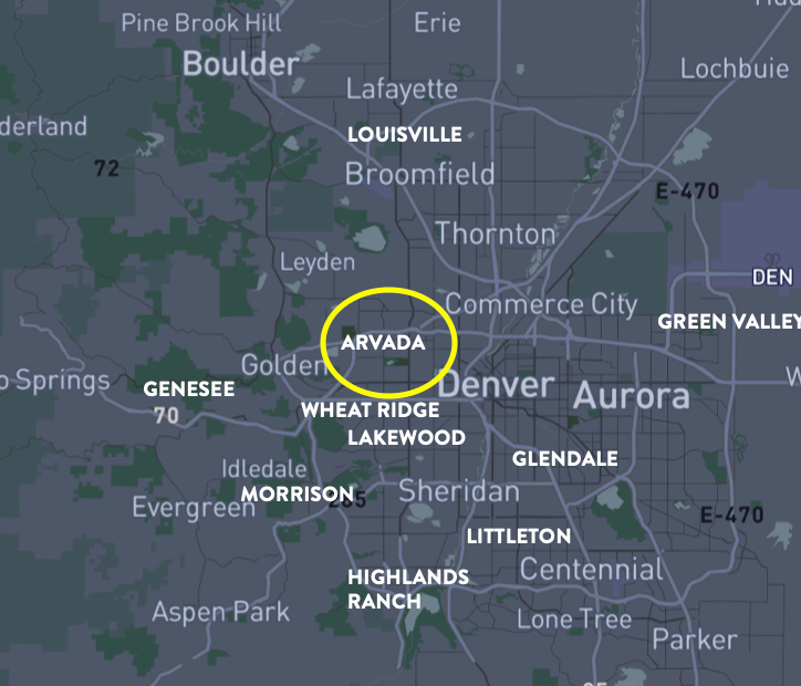 Map highlighting Arvada, Colorado, with nearby cities like Denver, Boulder, and Golden.
