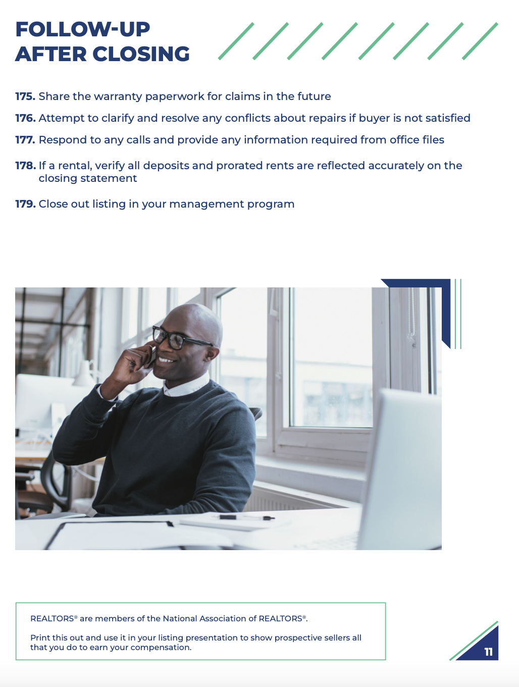 Man on a call in an office with a computer. Follow-up tasks after closing are listed.