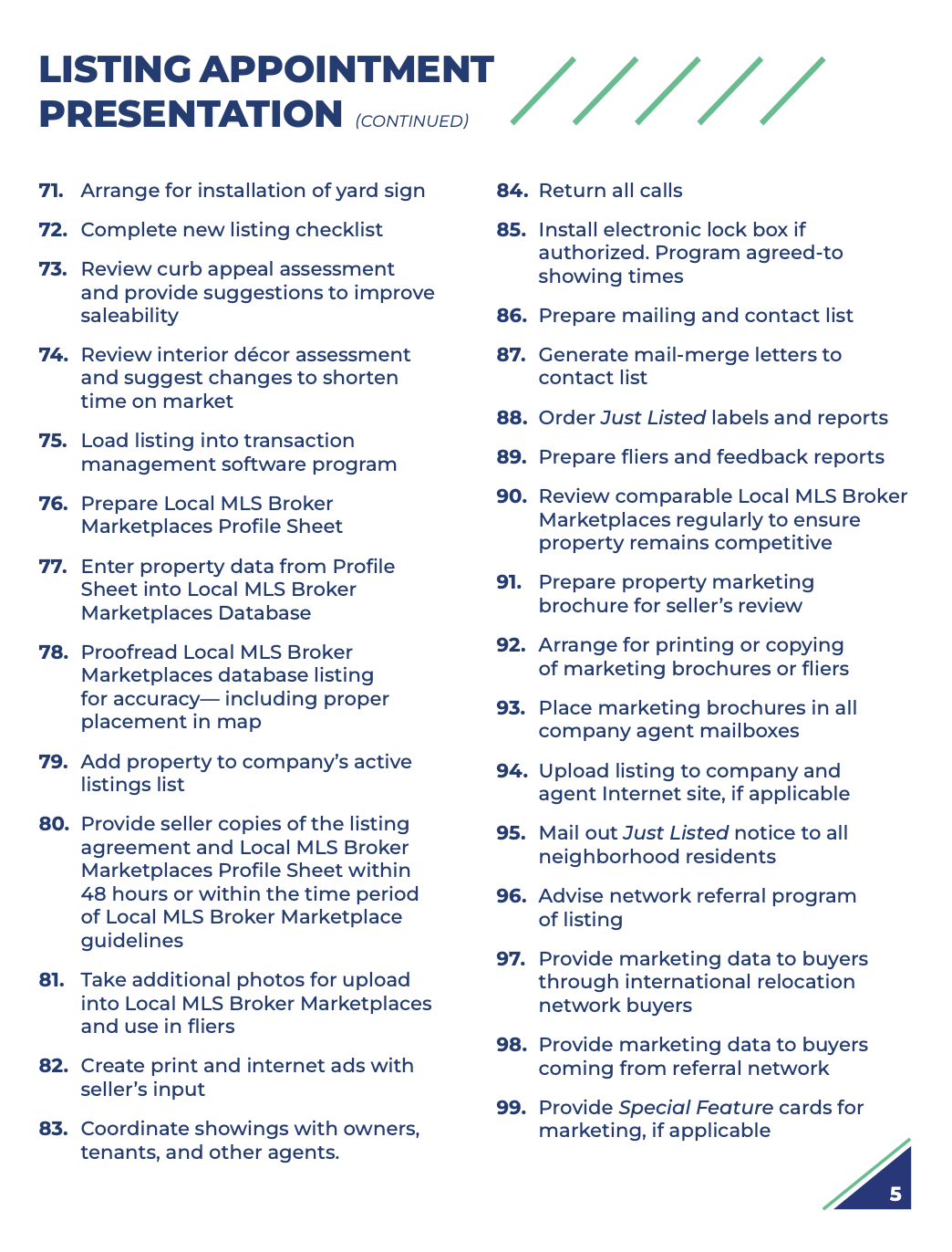 Listing appointment presentation checklist with numbered items.