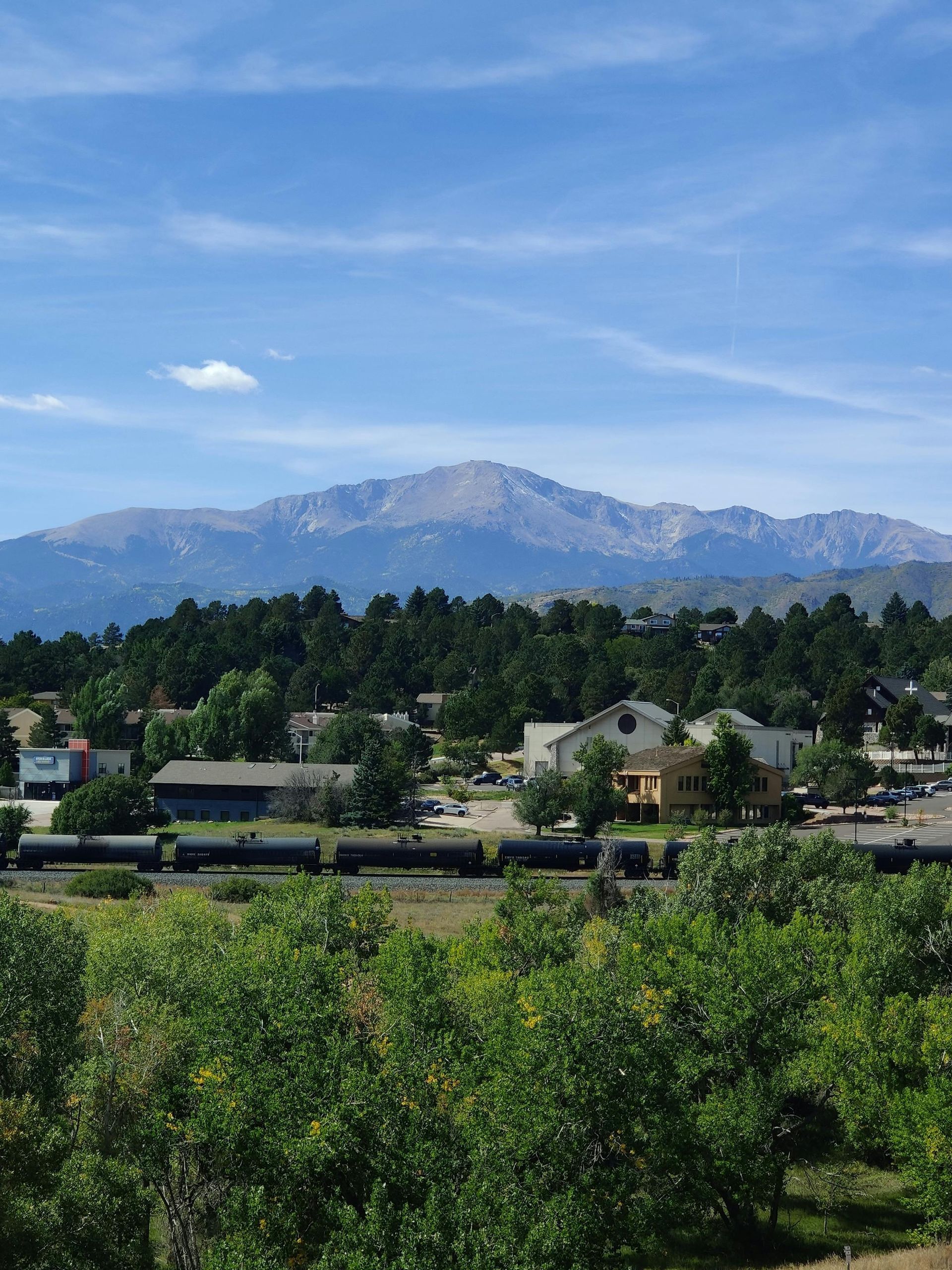 Town with train in front of mountain range on a sunny day; trees and buildings are in the foreground.