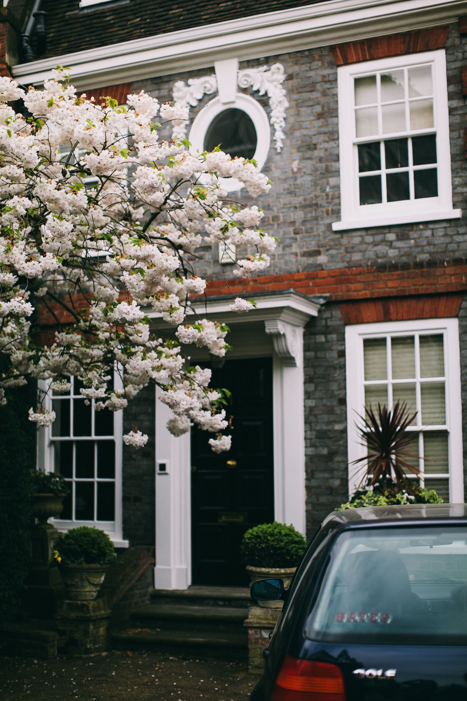 Brick townhouse with white trim, blooming tree, and parked car in front