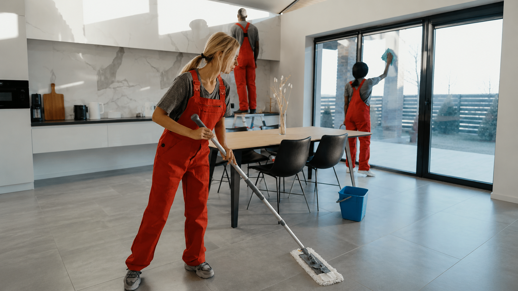 People mopping a bright kitchen with red overalls and a balcony view through large windows