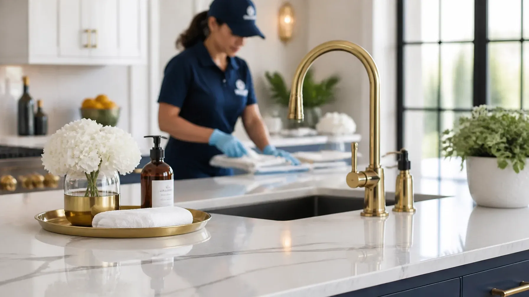 House cleaner wiping a kitchen counter beside a gold faucet and white flowers on a marble island