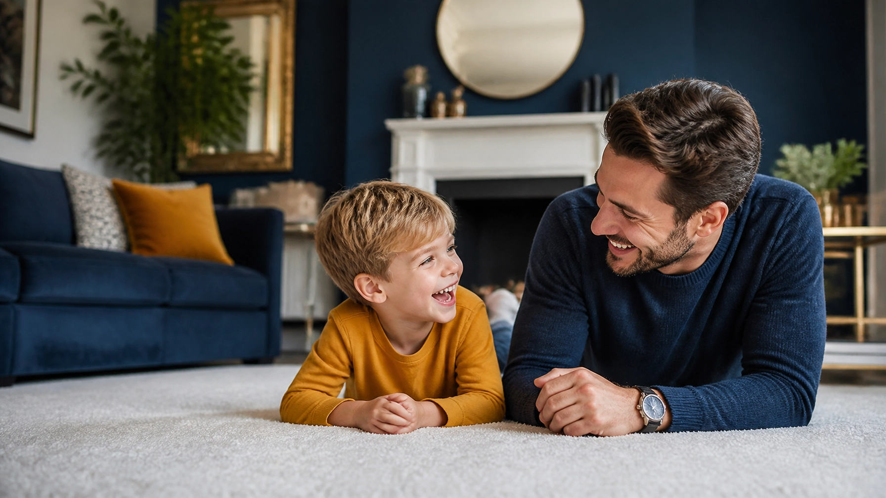 Man and smiling child lying on a carpet, facing each other in a cozy living room