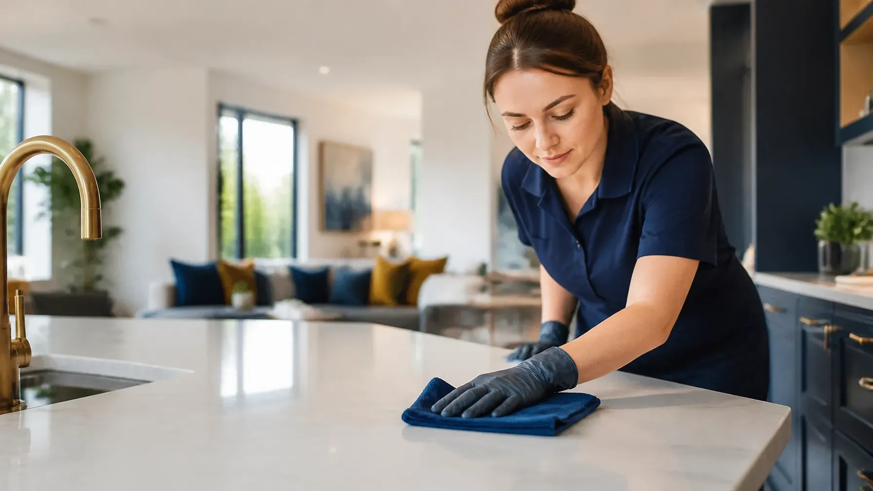 Woman in navy uniform wiping a white kitchen countertop with a blue cloth.