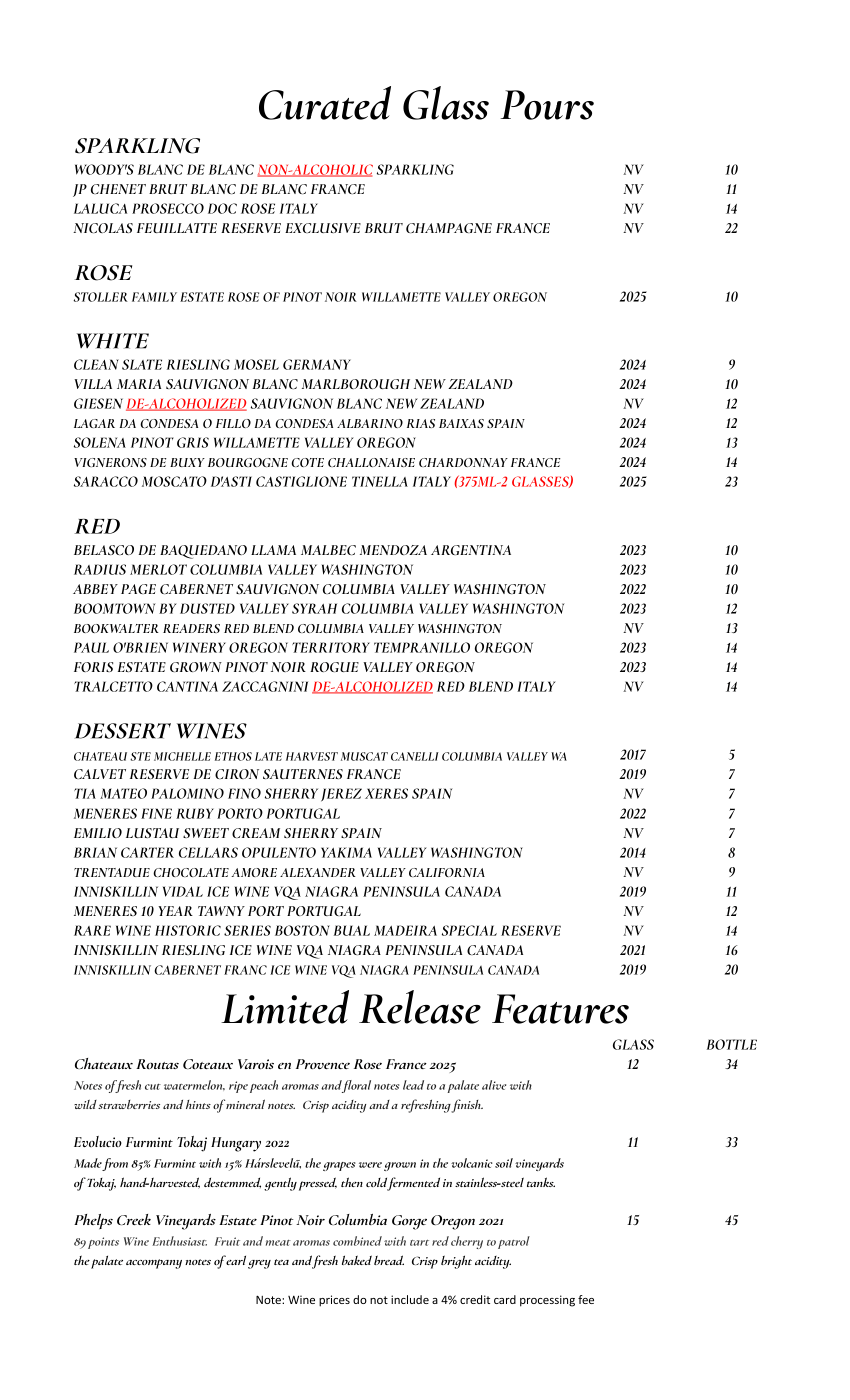 Front Street Grill Fall Wine List
