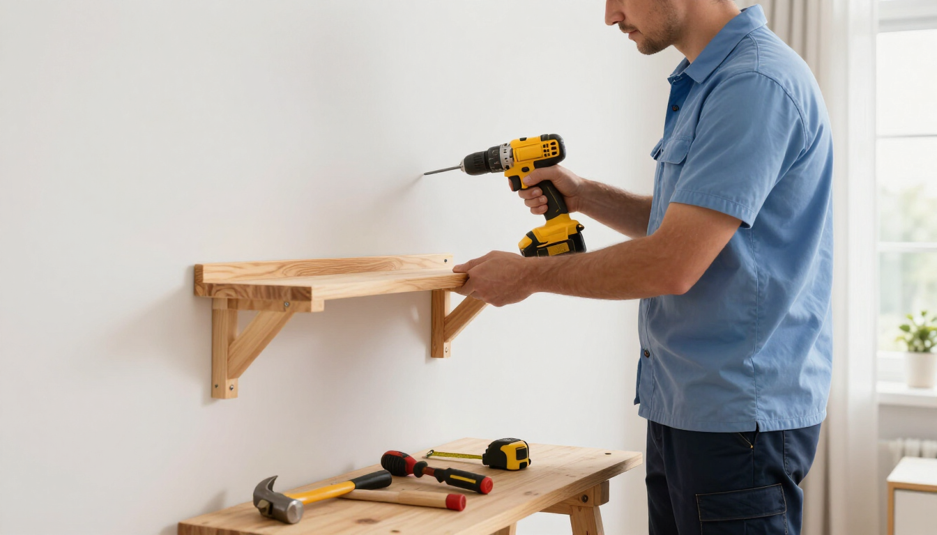 Man drilling a wooden wall shelf in a bright room, with tools on a workbench below.
