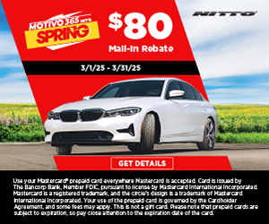 Nitto tire promotion: $80 mail-in rebate. Offer valid 3/1/25 - 3/31/25. White car in front of red and black banner.