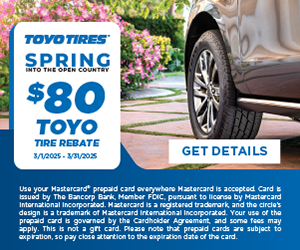 Toyo tire rebate for $80, valid March 1-31, 2025. Ad features a car tire and spring flowers.