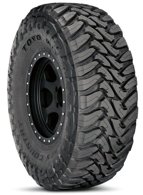 Toyo Open Country M/T tire on a black wheel, featuring deep tread for off-road use.