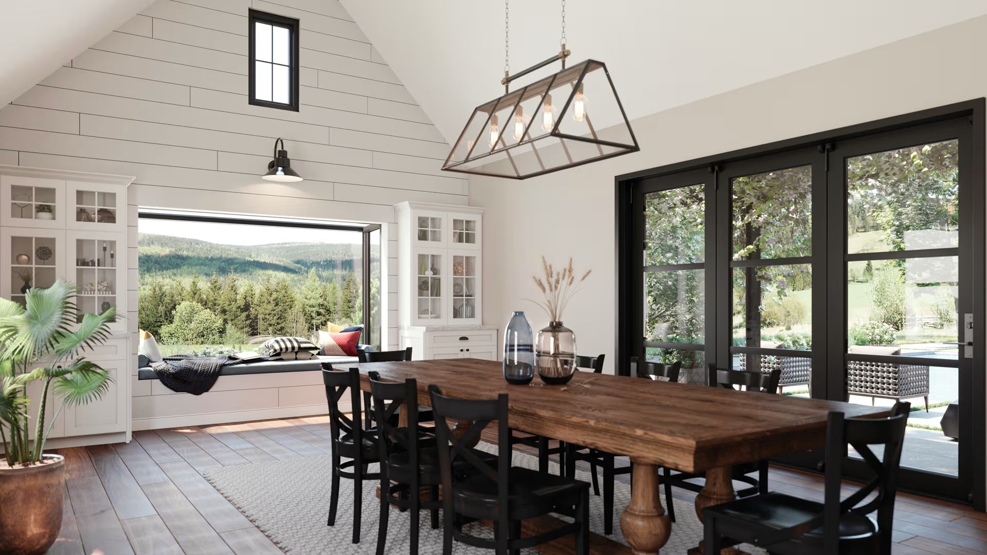 A dining room with a wooden table and chairs and a large window.