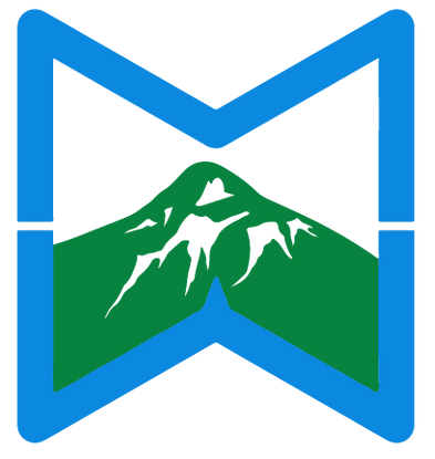 A blue and green logo with a mountain in the middle