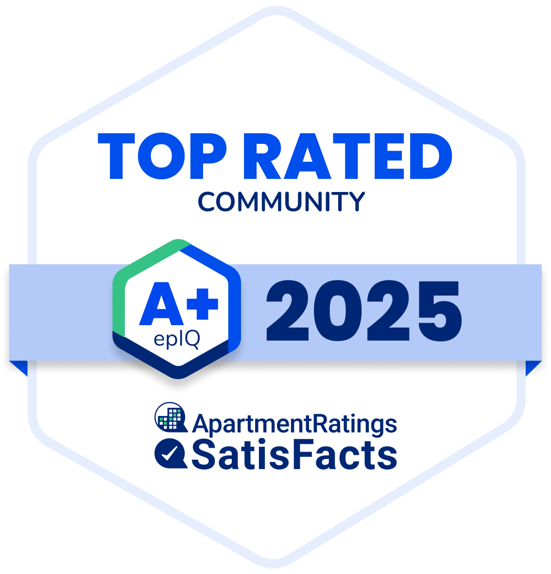 Badge: Top Rated Community A+ 2025. By ApartmentRatings & SatisFacts.