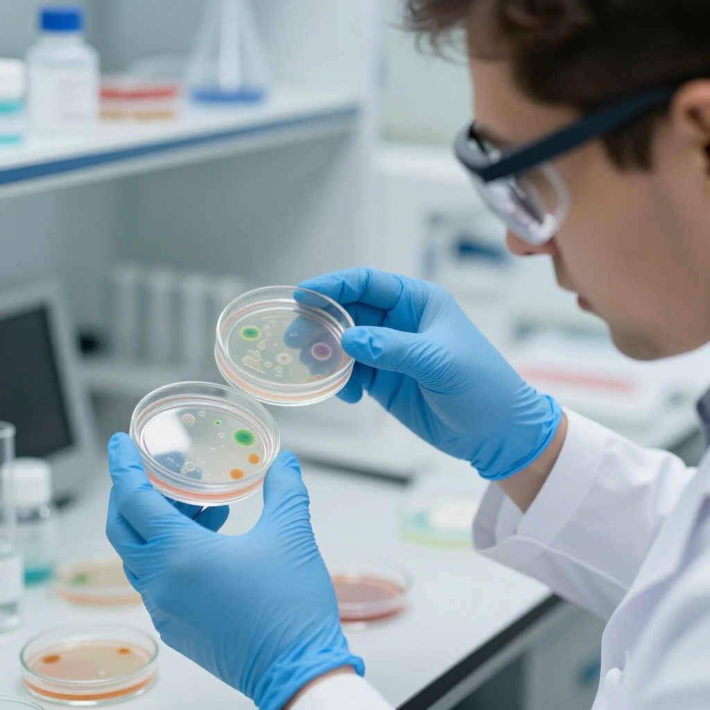 Un científico con guantes azules examina placas de Petri con coloridas colonias bacterianas en un laboratorio.