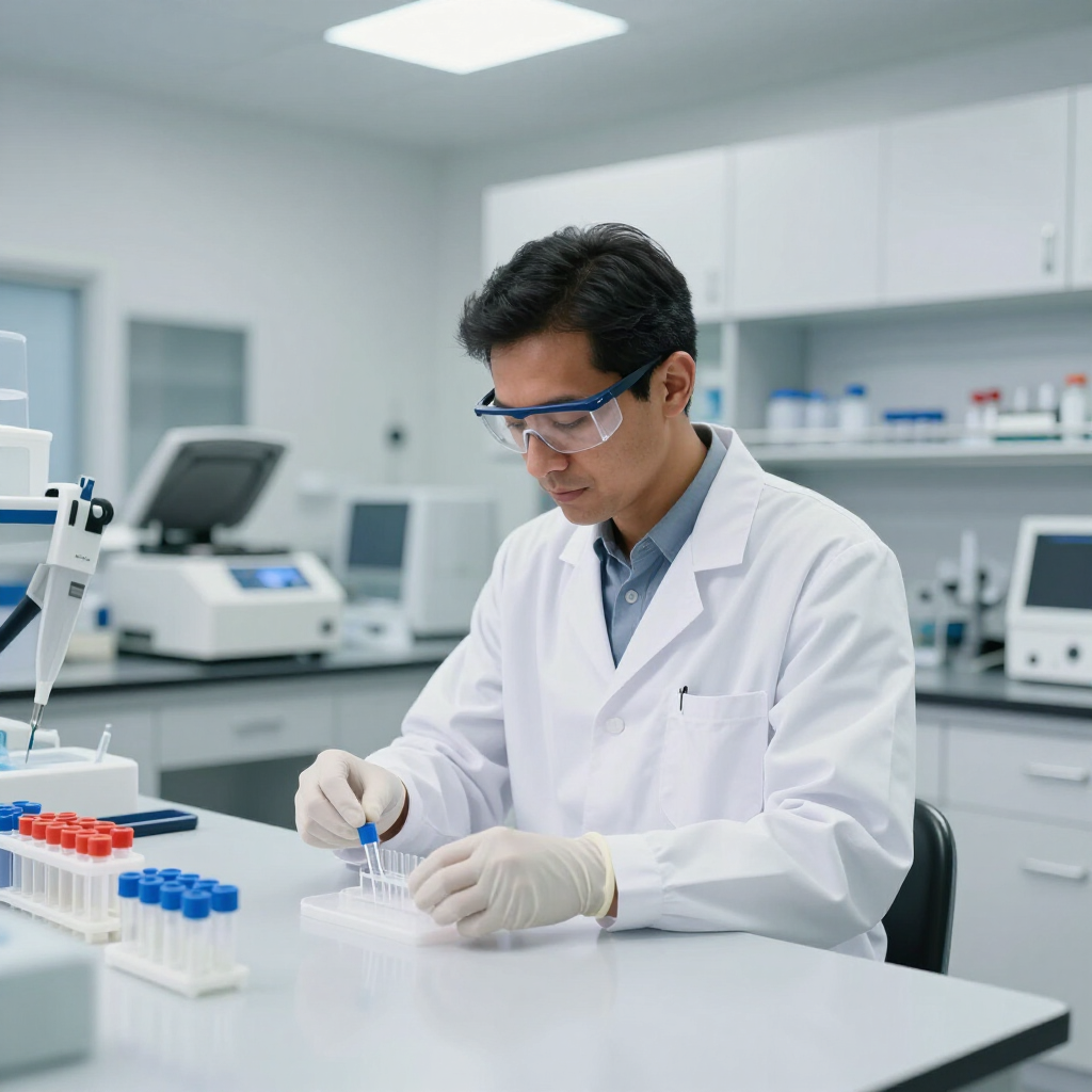 Científico con bata y gafas de protección pipeteando muestras en un laboratorio bien iluminado.
