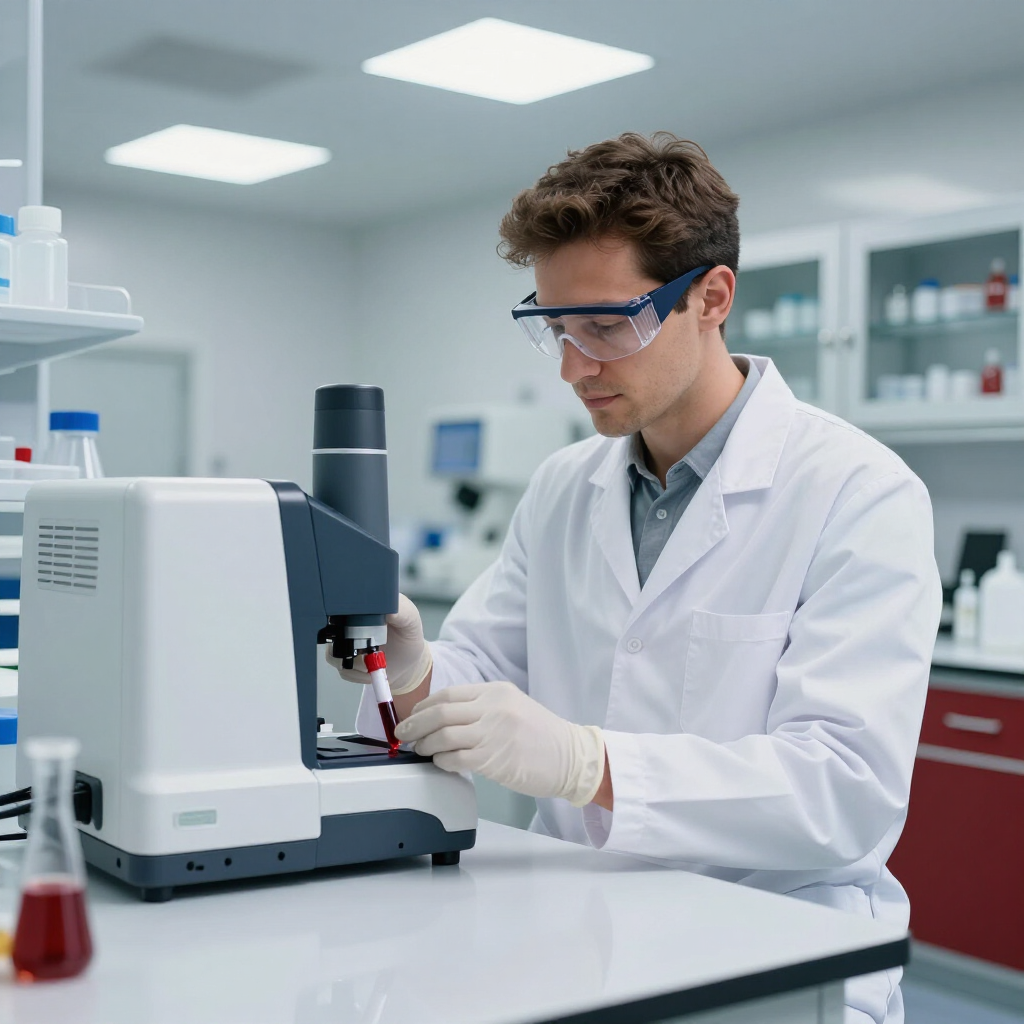 Científico con bata de laboratorio utilizando un microscopio en un laboratorio moderno.