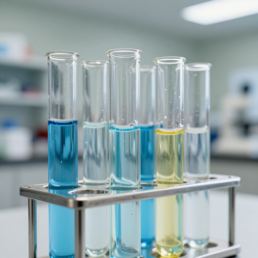 Tubos de ensayo con líquidos azules, transparentes y amarillos en un soporte de laboratorio.