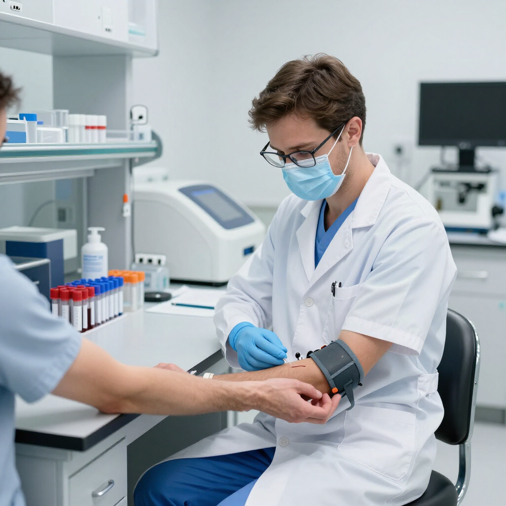 Un médico con bata blanca y mascarilla toma la presión arterial de un paciente en el laboratorio de una clínica.