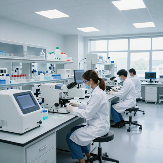 Científicos en un laboratorio bien iluminado utilizando microscopios y equipos de laboratorio.