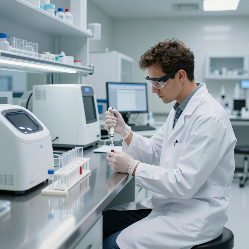 Científico con bata blanca pipeteando una muestra en un laboratorio moderno con tubos de ensayo y equipo.
