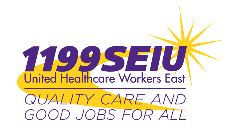 1199 SEIU United Healthcare Workers East union logo: purple text on yellow, starburst graphic.