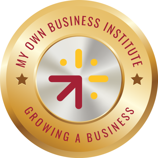 Gold badge for My Own Business Institute; red arrow, yellow and red design,