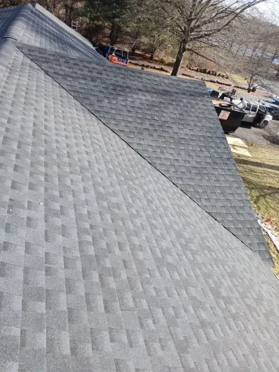 A gray shingled roof with a diagonal seam, viewed from above, surrounded by trees and a sunny sky.