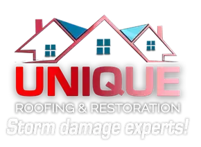 Logo for Unique Roofing & Restoration, red text, image of houses with blue and white roofs, &ldquo;Storm damage experts!&rdquo; text below.