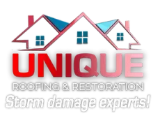 Logo for Unique Roofing & Restoration, red text, image of houses with blue and white roofs, “Storm damage experts!” text below.