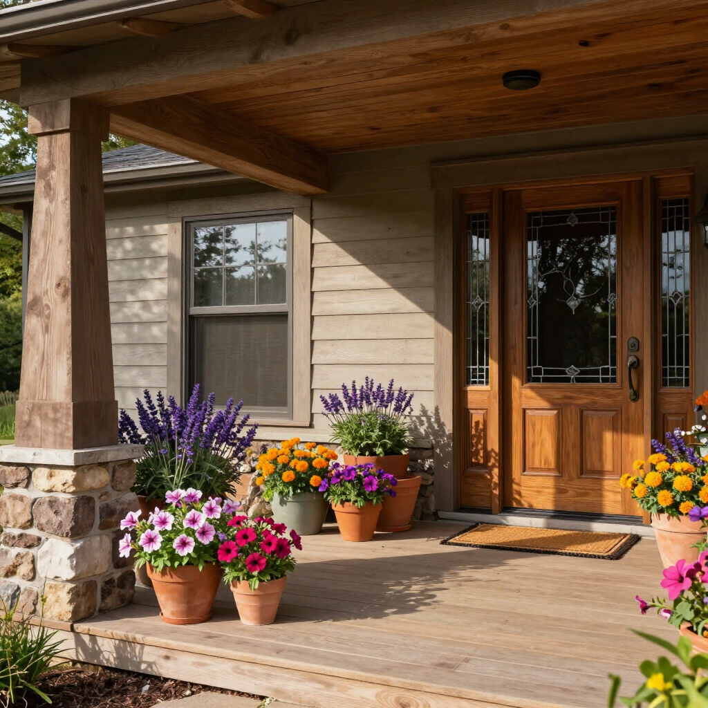 Potted flowers on a wooden porch beside a tan house and front door