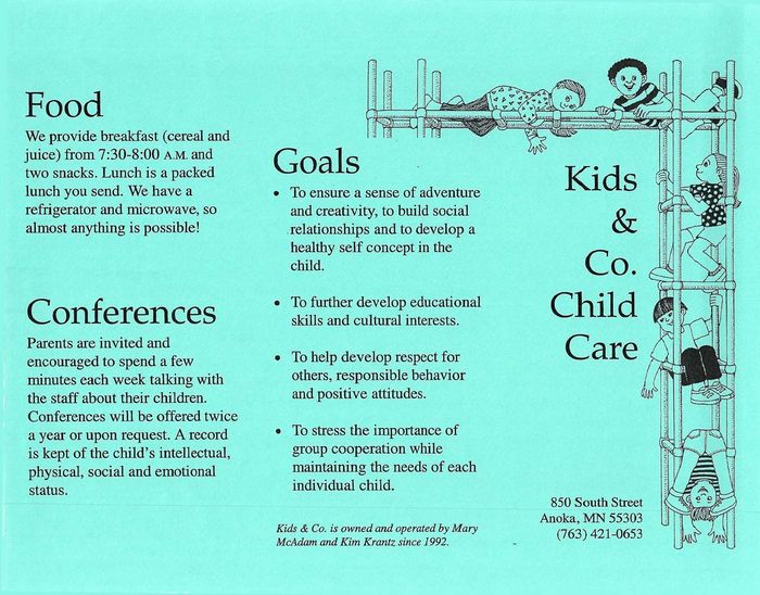 A brochure for kids and child care includes goals and conferences