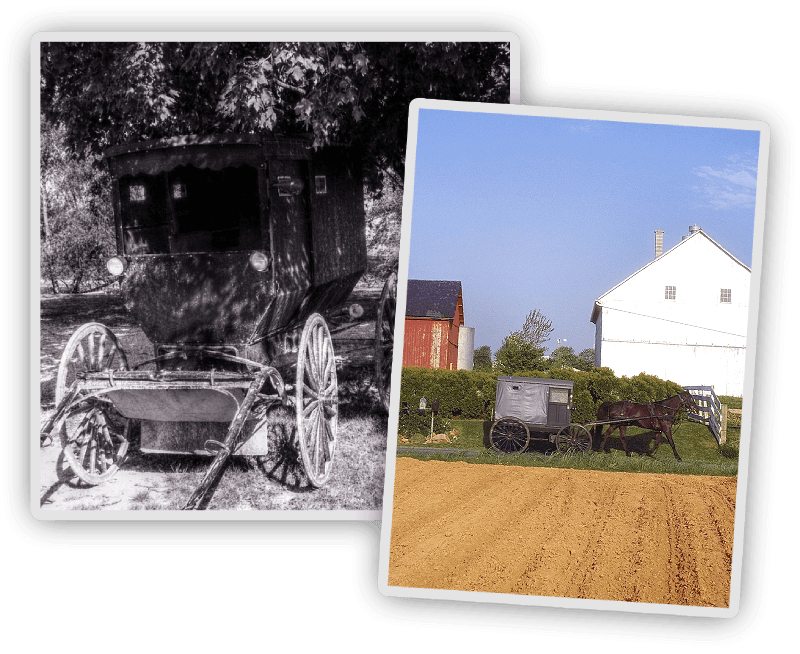 Black-and-white wagon beside a color farmhouse and field, shown as a side-by-side contrast.