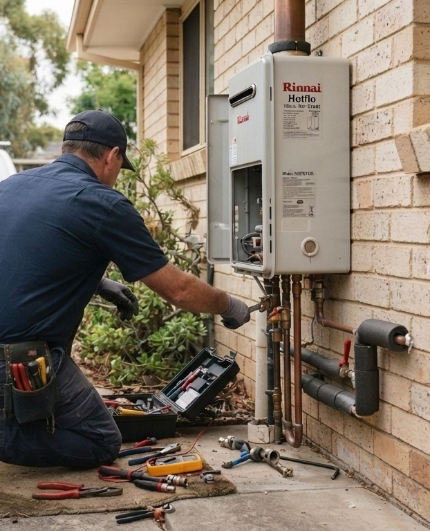A White Utility Room Wall With Two Boilers And A Complex Grid Of Copper Pipes — ATEC Plumbing Services in Coal Point, NSW