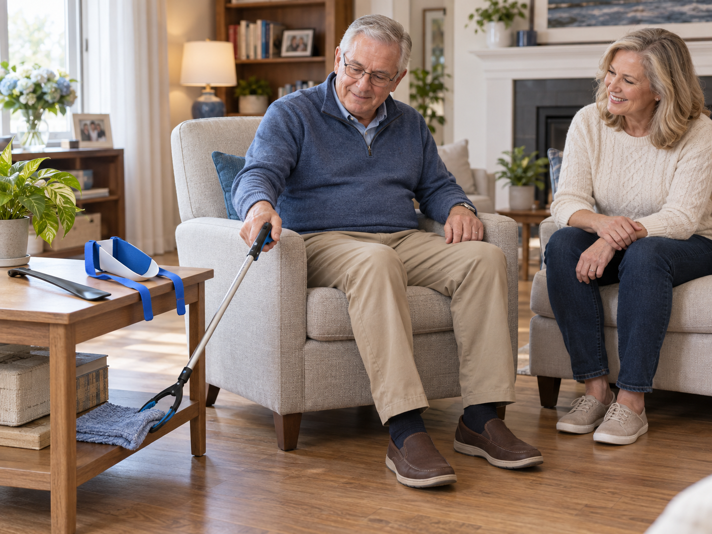 Adult using a reacher while seated in a bright home living room