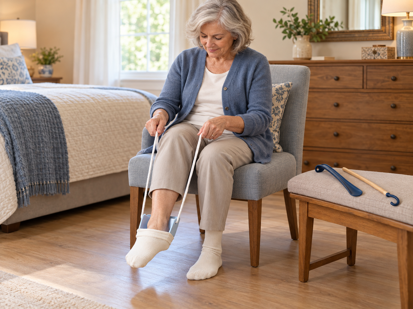Adult seated using a sock aid, with a long-handled shoehorn and dressing stick nearby