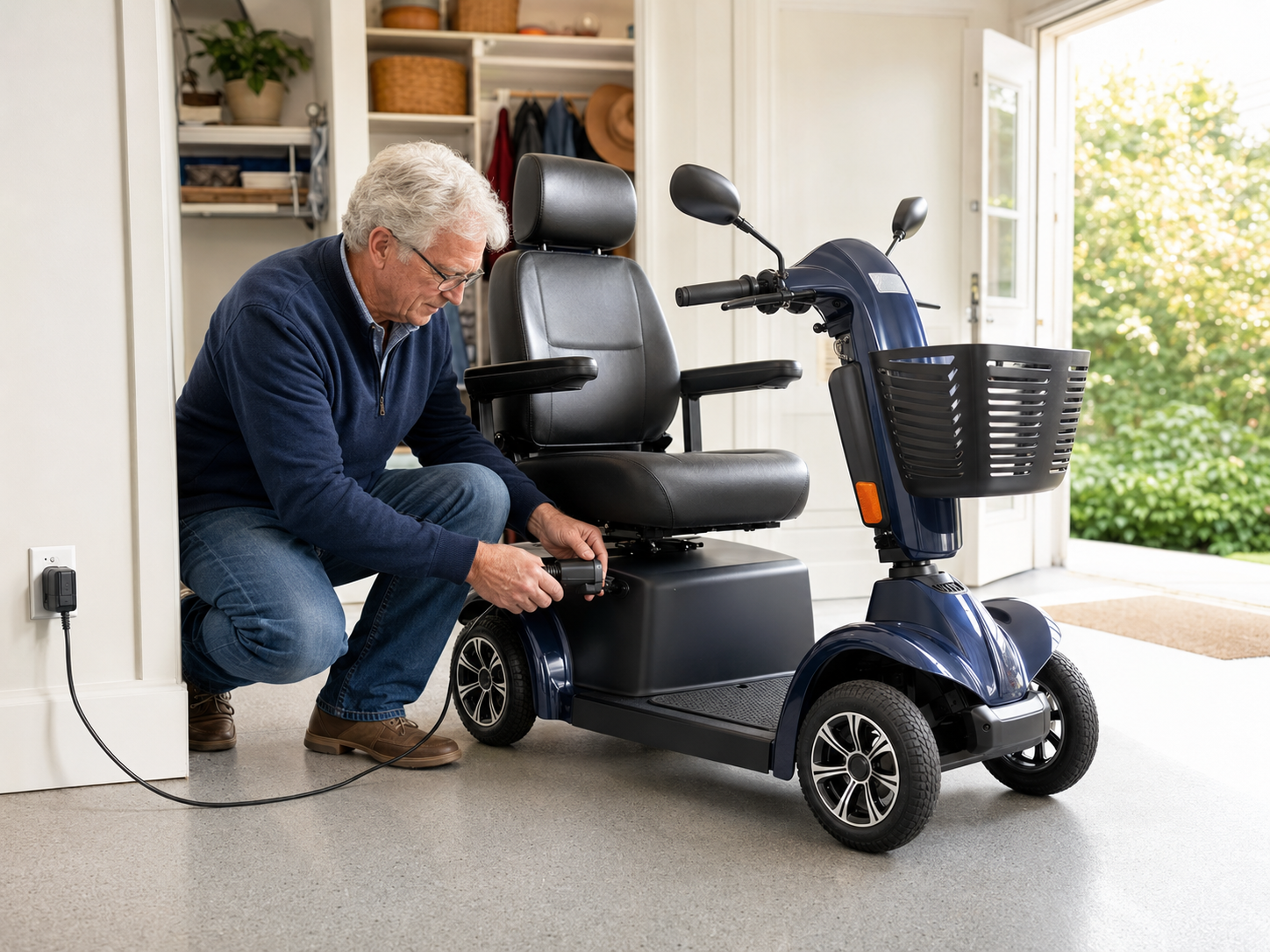Mobility scooter owner safely connecting the approved battery charger at home