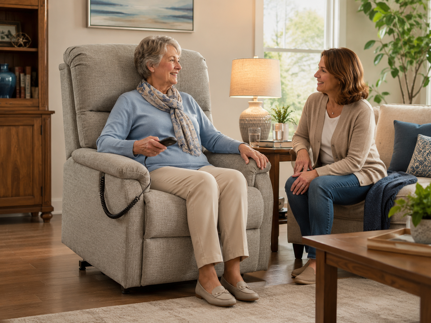 Older adult trying a properly fitted lift chair in a bright Windsor living room