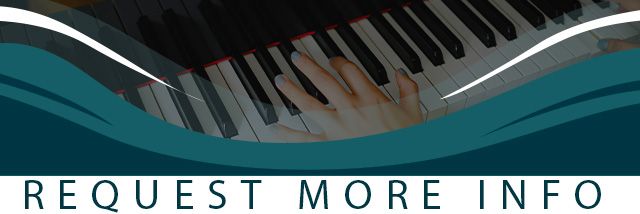 A person playing the piano with a banner below displaying text saying