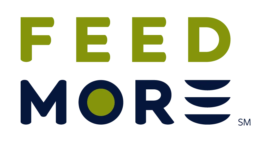The logo for feed more is green and blue and says feed more.