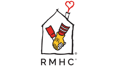A mcdonald 's logo with two hands shaking in front of a house.