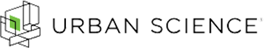 The logo for urban science is a cube with a green leaf on it.