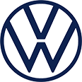 A blue and white volkswagen logo on a white background.