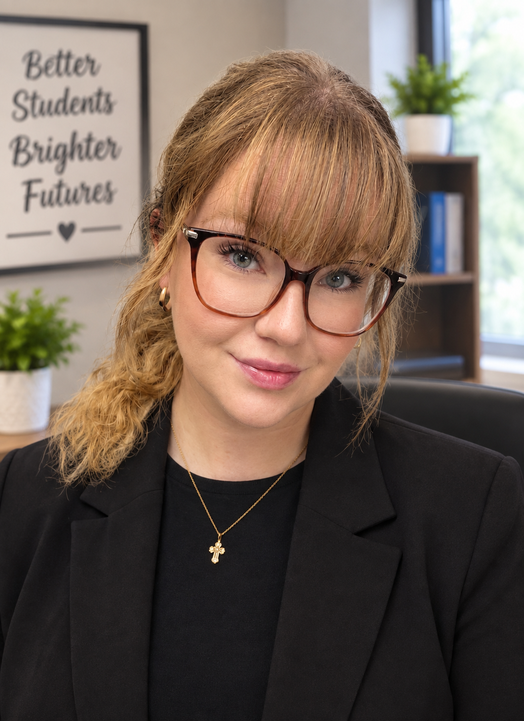 A woman wearing glasses and a sweater is smiling for a picture. This is Marty Sheets.