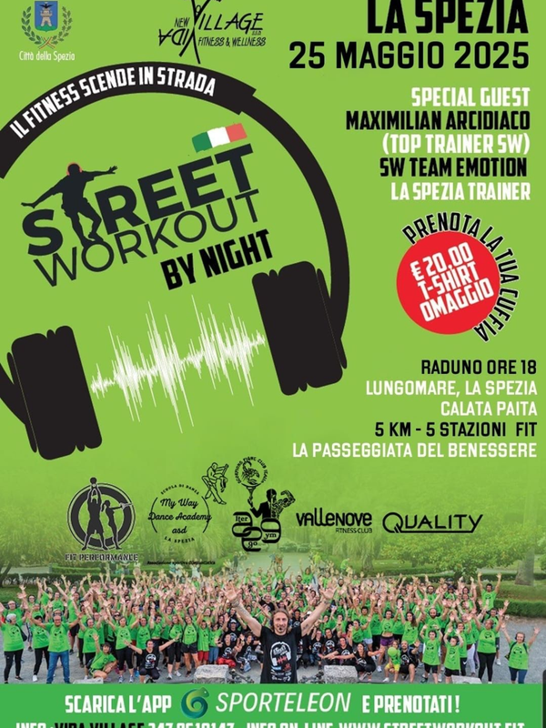 Locandina per "Street Workout by Night" a La Spezia, design in stile concerto di colore verde con dettagli 