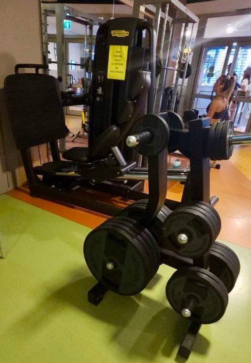 Palestra con macchine isotoniche e manubri in primo piano, pareti a specchio sullo sfondo.