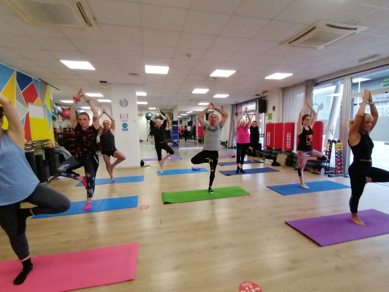 Persone che praticano posizioni yoga su tappetini colorati in uno studio al coperto e luminoso.